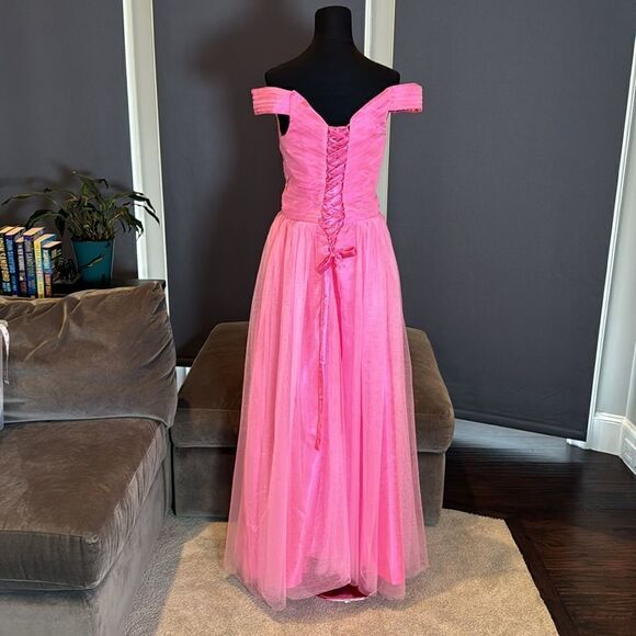 Women’s Pink Off the Shoulder Full Length Prom Party Dress Corset Back Size 8 - Picture 4 of 10